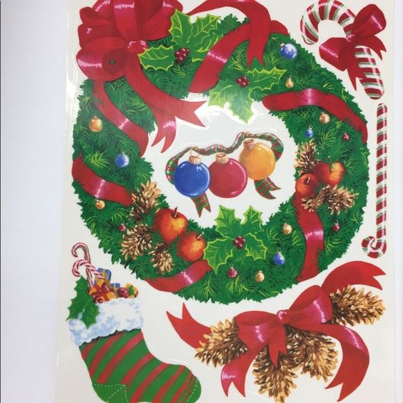 Vintage Christmas Window Clings 4 Sheets 33 pieces Ornaments Wreath Candy Cane - Picture 3 of 12